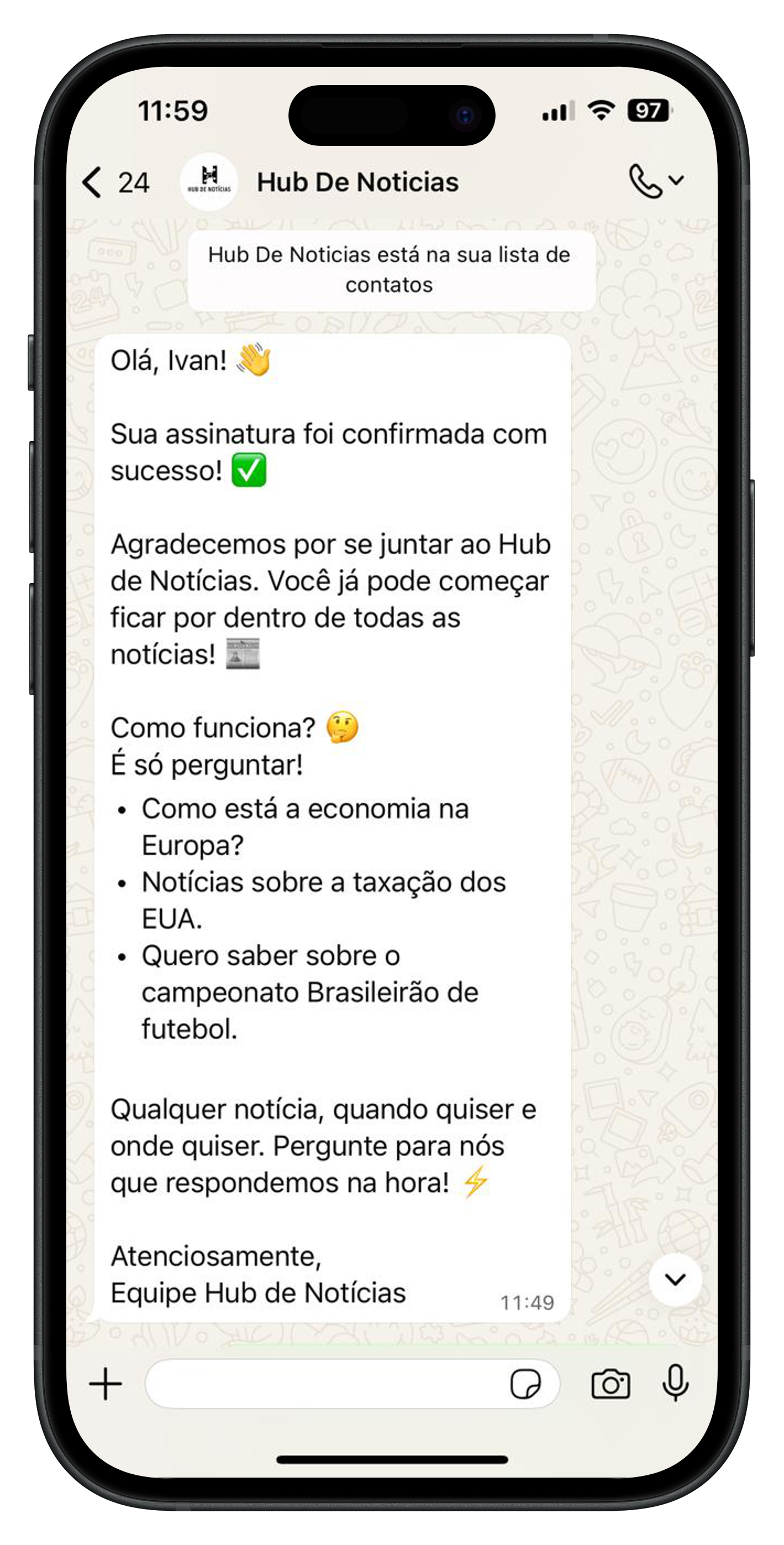 Tela do Hub de Notícias mostrando notícias no celular